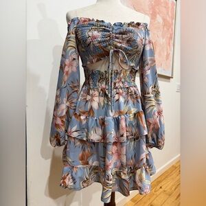 Floral tiered Dress in Blue and Pink